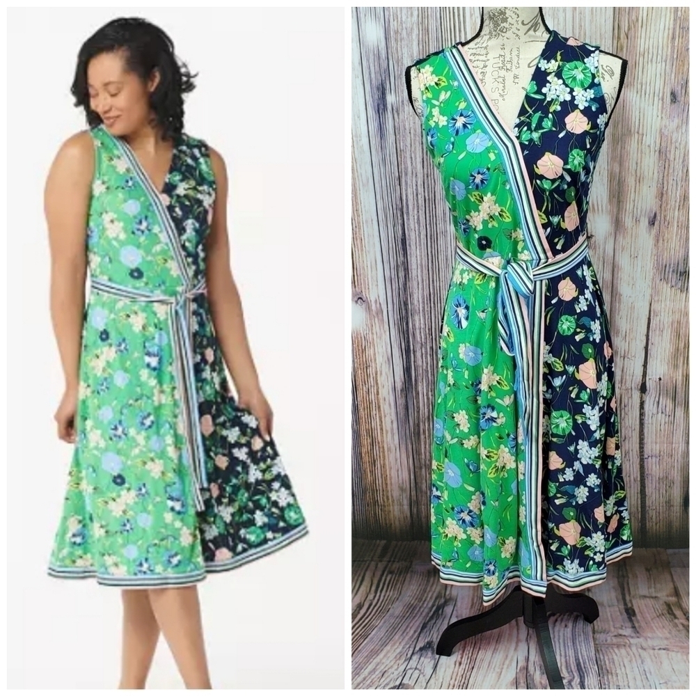 𝅺Isaac Mizrahi Floral Faux Wrap Tie Waist Dress